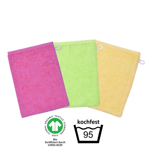 GOTS kochfest pink Waschhandschuh 3er Pack 15x21 c