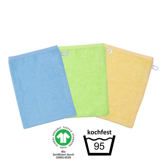 GOTS kochfest blau Waschhandschuh 3er Pack 15x21 c
